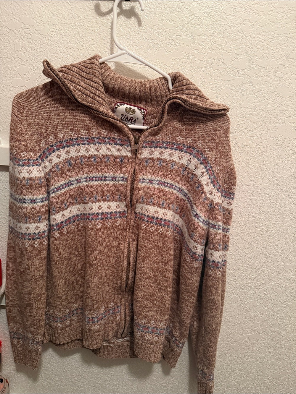 Vintage Tiara Tan Zip-Up Fair Isle Knit Sweater